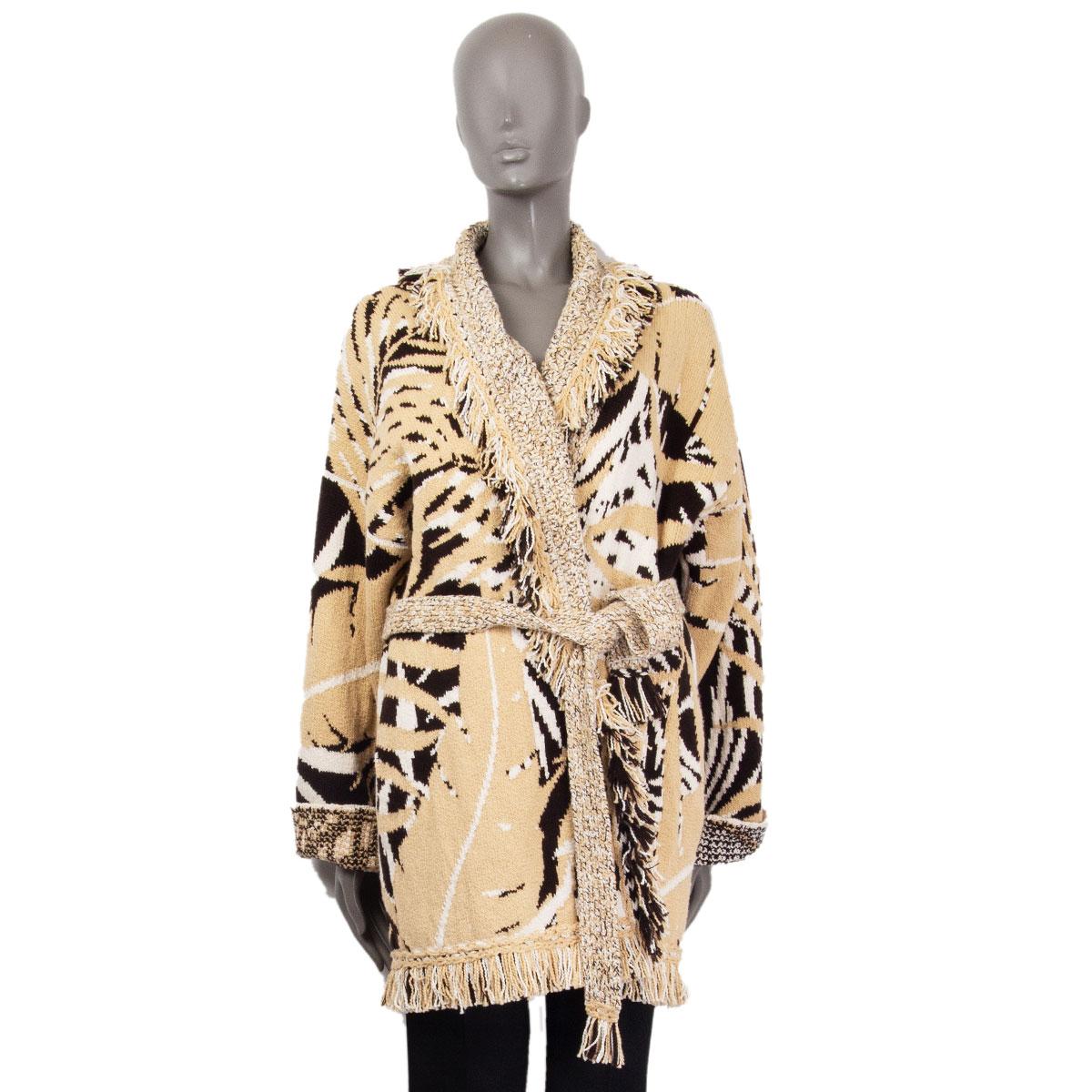 Alanui 'Jungle Foliage' cardigan in beige cotton (75%) and wool (25%) with a shawl collar, fringed hems and pockets. Has 1500 gr - yarn colors in dark brown, embassy black and lapponia white. Ties with a matching belt. Unlined. Has been worn and is