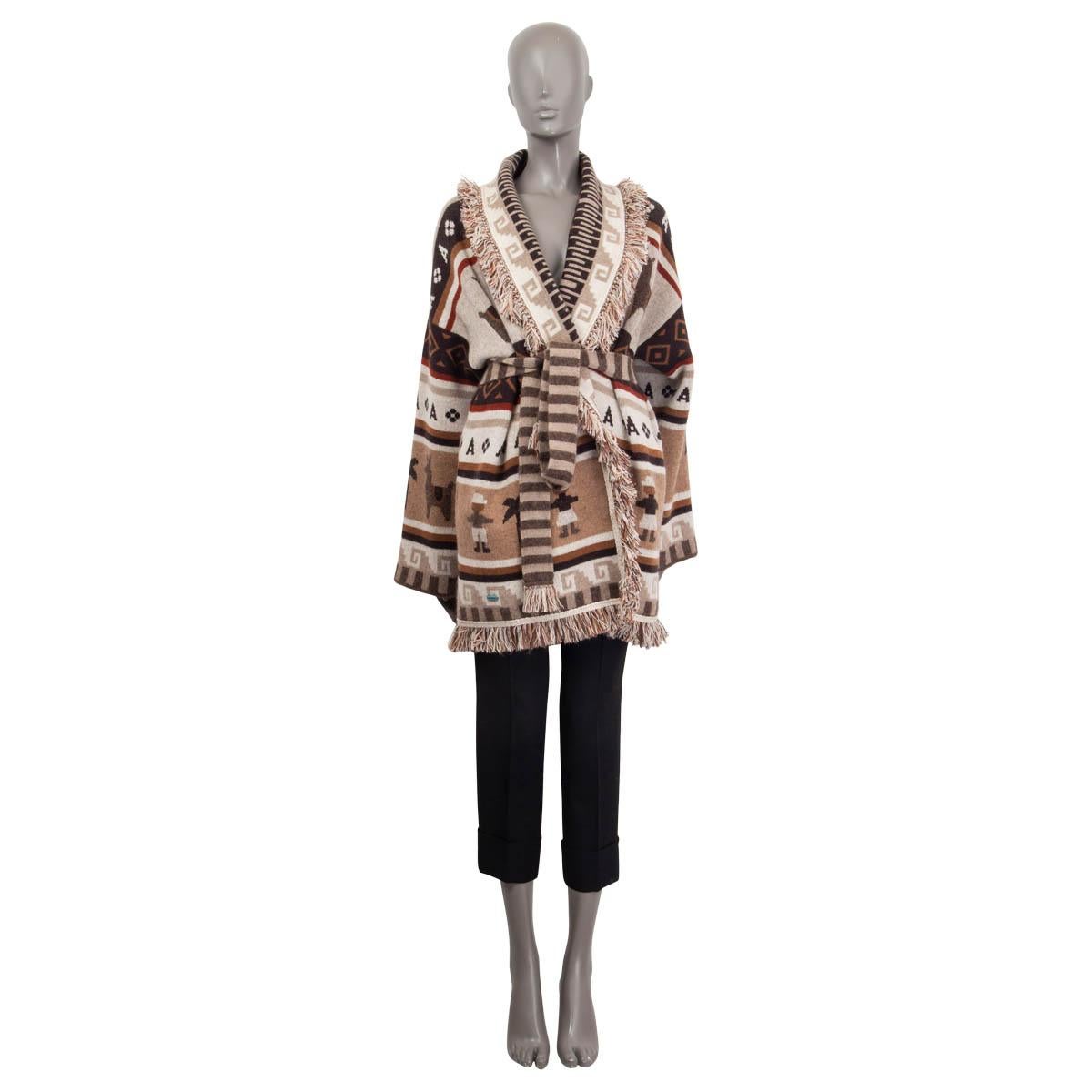 100% authentic Alanui 'The Long Way To Ushuaia' open belted cardigan in beige, brown, black, ecru and red cashmere (87%), alpaca (6%) and polyamide (1%). Features a detachable belt and tasseled trims. Has two slit pockets at the sides. Unlined.