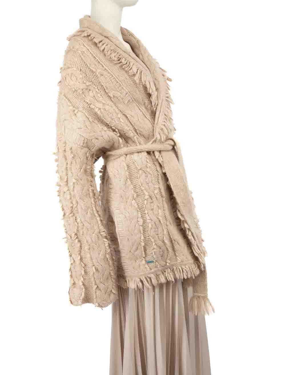 CONDITION is Very good. Hardly any visible wear to cardigan is evident on this used Alanui designer resale item.
 
 
 
 Details
 
 
 Beige
 
 Alpaca
 
 Knit cardigan
 
 Striped pattern
 
 Fringe edge
 
 Belted
 
 2x Side pockets
 
 
 
 
 
 Made in
