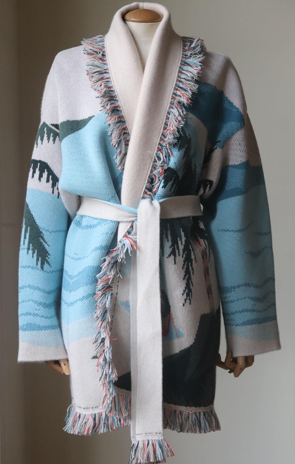 Alanui was founded after Nicolò Oddi discovered a vintage cardigan at the Rose Bowl flea market in Los Angeles, taking up to 15 hours to knit and assemble, this style is spun from Hawaii inspired beach jacquard-cashmere design. Multicoloured