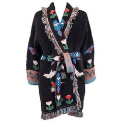 ALANUI black cashmere TREE OF LIFE Belted Cardigan Sweater L