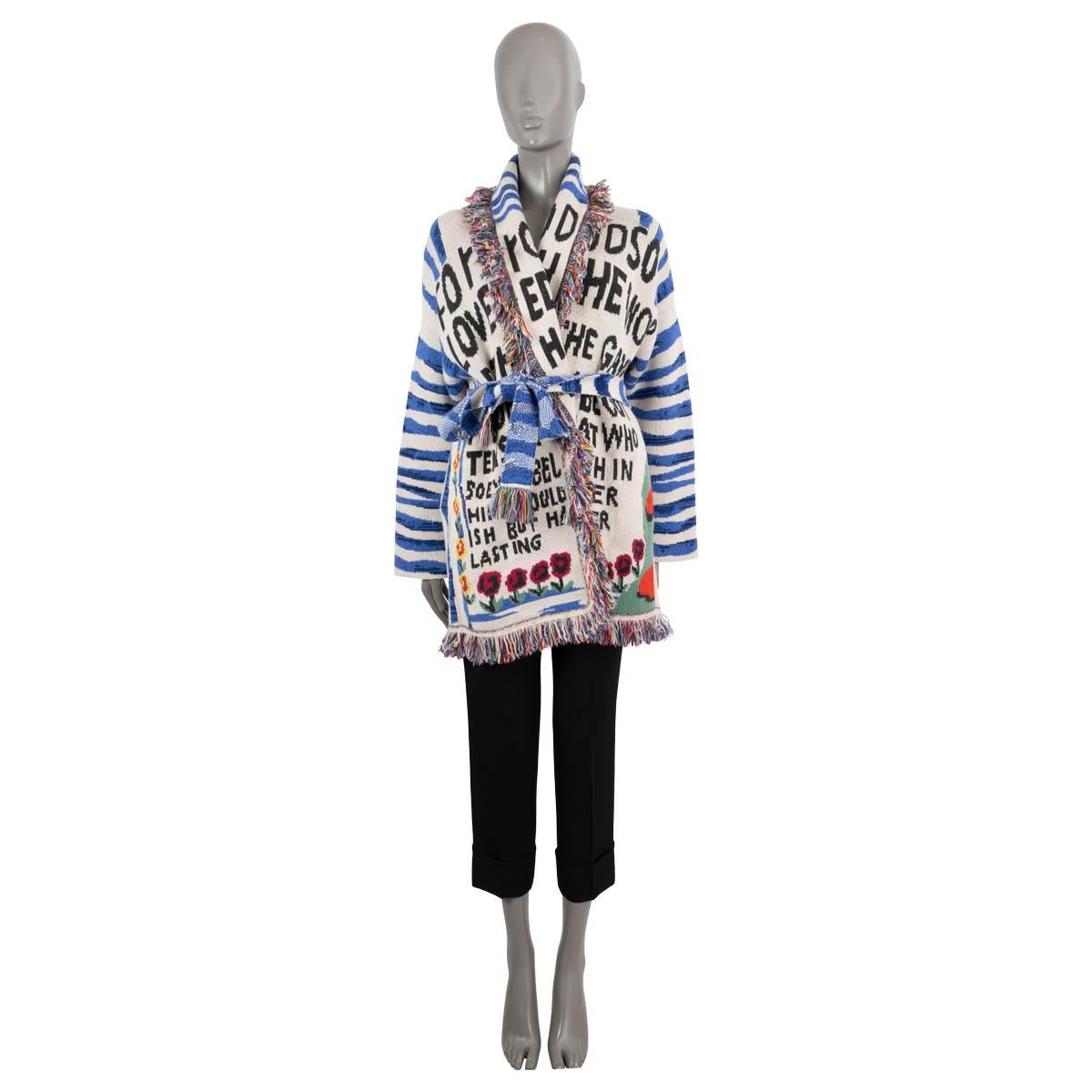 100% authentic Alanui Salvation Mountains long sleeve oversized belted cardigan in multicolor cashmere (100%). The design features a shawl collar and a fringed hem. Has been worn and is in excellent condition. 

Measurements
Tag