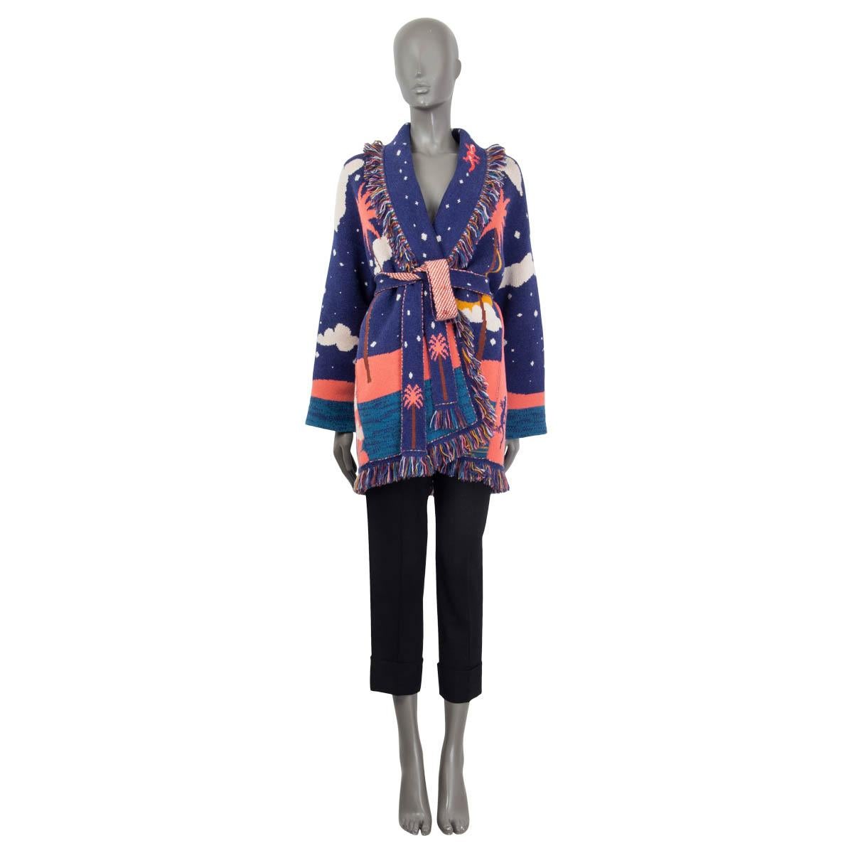 100% authentic Alanui sun, moon and galaxy knitted jacquard cardigan in blue, pink, white, brown, mustard and petrol cashmere (100%). Features a fringed shawl collar, drop shoulder and two slit pockets on the side. Comes with matching belt strap.