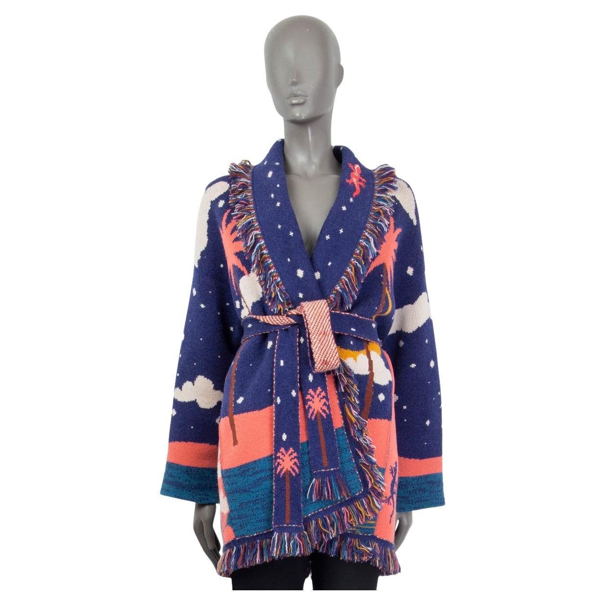 ALANUI blue pink cashmere SUN MOON GALAXY JACQUARD Belted Cardigan Knit Jacket M For Sale