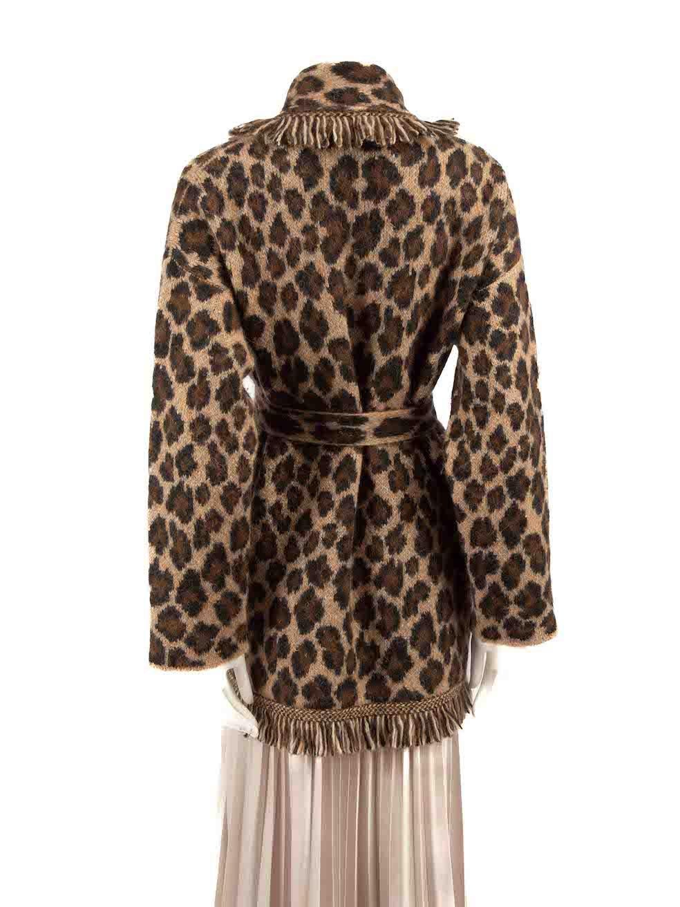 Alanui Brown Leopard Fringe Trim Knit Cardigan Size S In Excellent Condition In London, GB