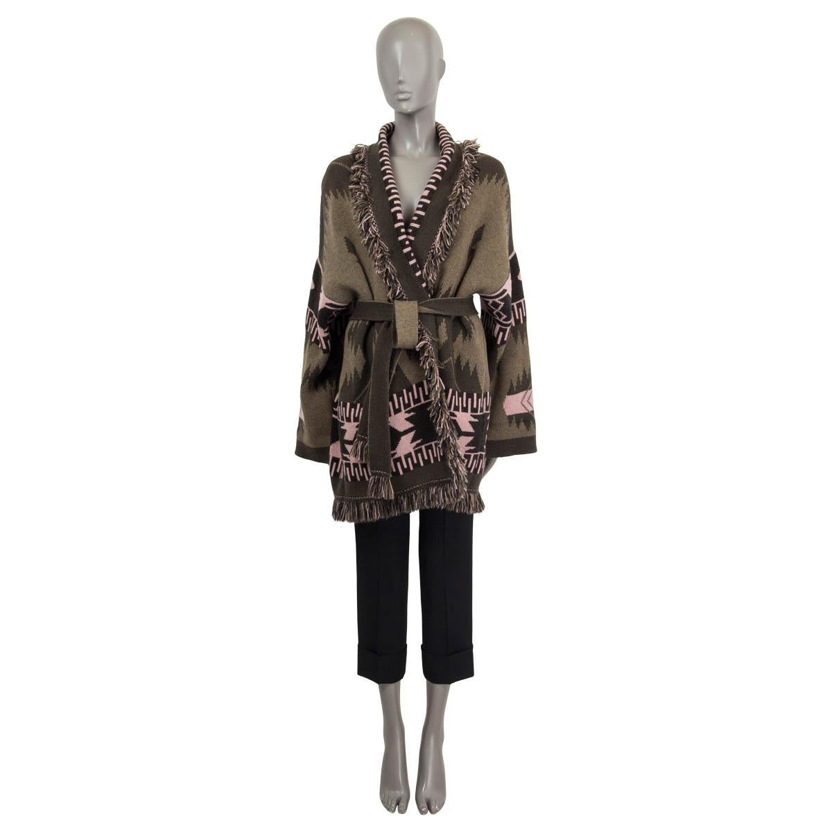 100% authentic Alanui belted jacquard cardigan with fringe border trim in dark green, green and dusty rose cashmere (100%). With fringed shawl collar, drop shoulder and two slit pockets on the side. Comes with matching belt strap. Unlined. Has been
