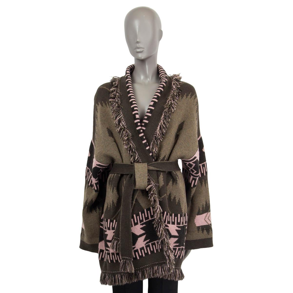 Black ALANUI green cashmere ICON FRGINED Belted Cardigan Jacket L For Sale