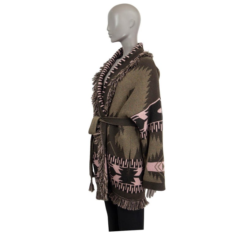 ALANUI green cashmere ICON FRGINED Belted Cardigan Jacket L For