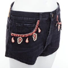ALANUI Inner Energy black bead paisley embroidery denim shorts 26"