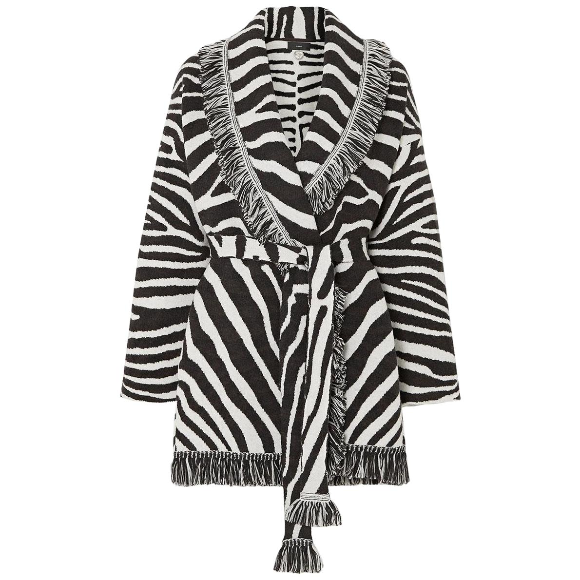 Alanui Lapponia Belted Fringed Zebra Jacquard Wool Cardigan at 1stDibs