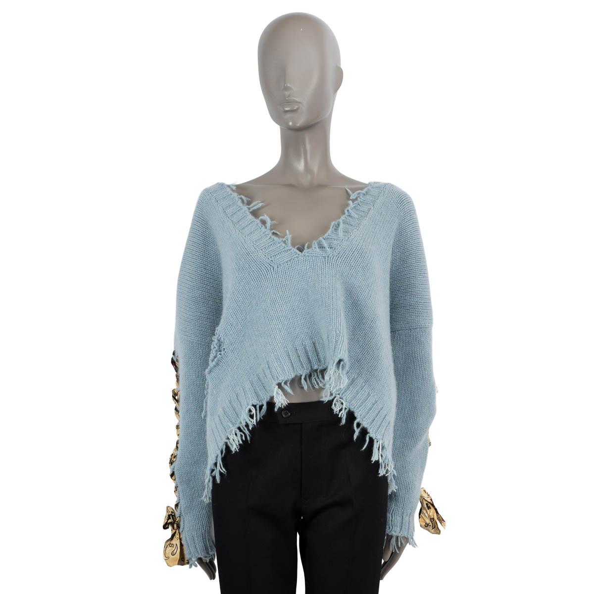 Gray ALANUI light blue cashmere 2019 LACE UP SLEEVES CROPPED V-NECK Sweater S For Sale