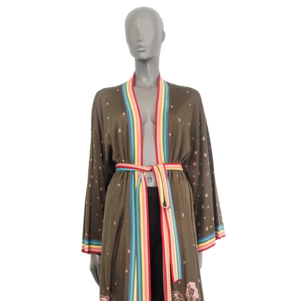 100% authentic Alanui oversized long cardigan in Hawaiian map print with rainbow-striped trim in olive green and pale rose silk (100%). Has a shawl collar, drop shoulders, a detachable self-tie belt and side seam pockets. Has been worn and is in