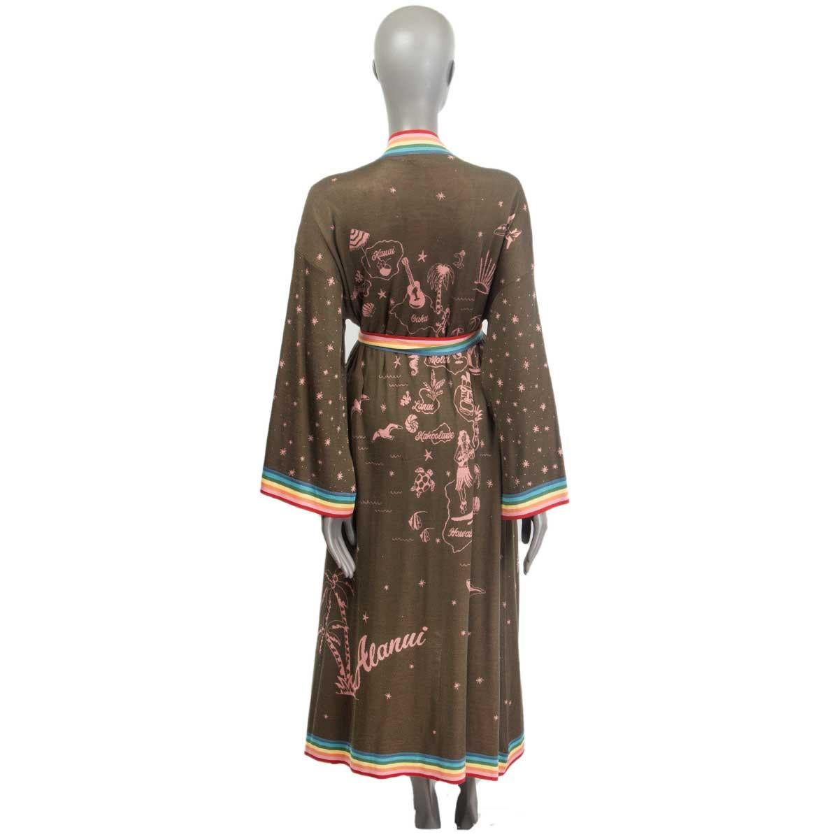 Brown ALANUI olive green silk HAWAII MAP Kimono Knit Coat Jacket S