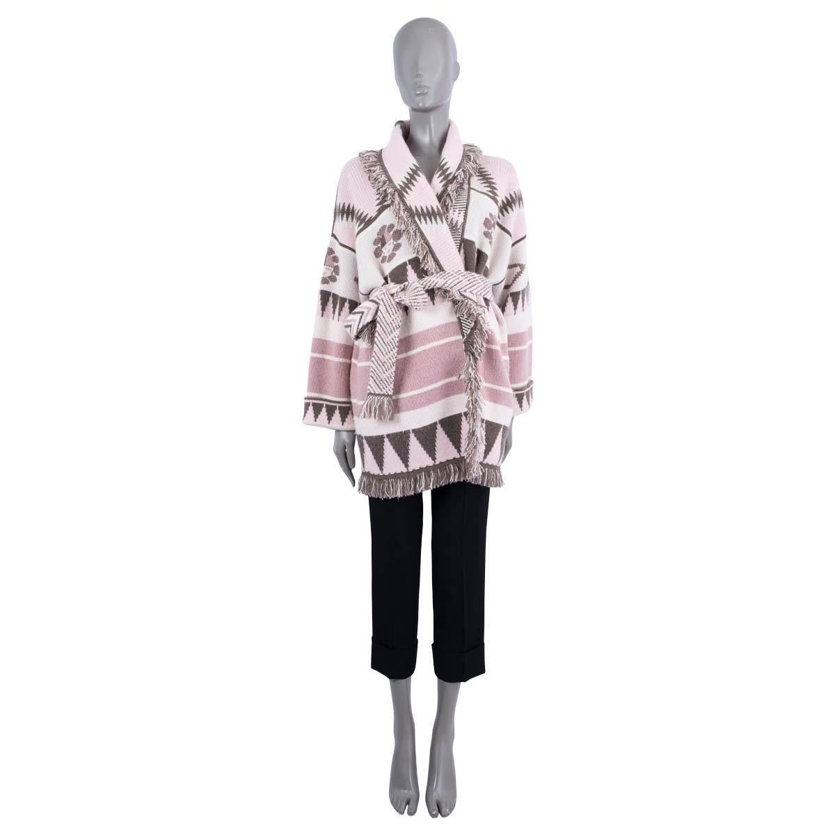 100% authentic Alanui Icon belted jacquard wrap cardigan in Ophelia pink cashmere (100%) with details in brown, pale pink and ivory. Features fringed edges and two side pockets. Has been worn and is in excellent condition.

Measurements
Tag