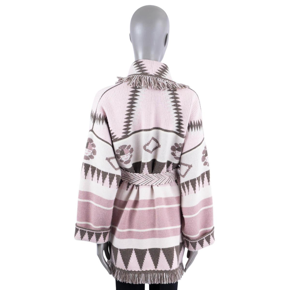 Gray ALANUI pink cashmere ICON JACQUARD FRINGED Belted Cardigan Jacket L For Sale