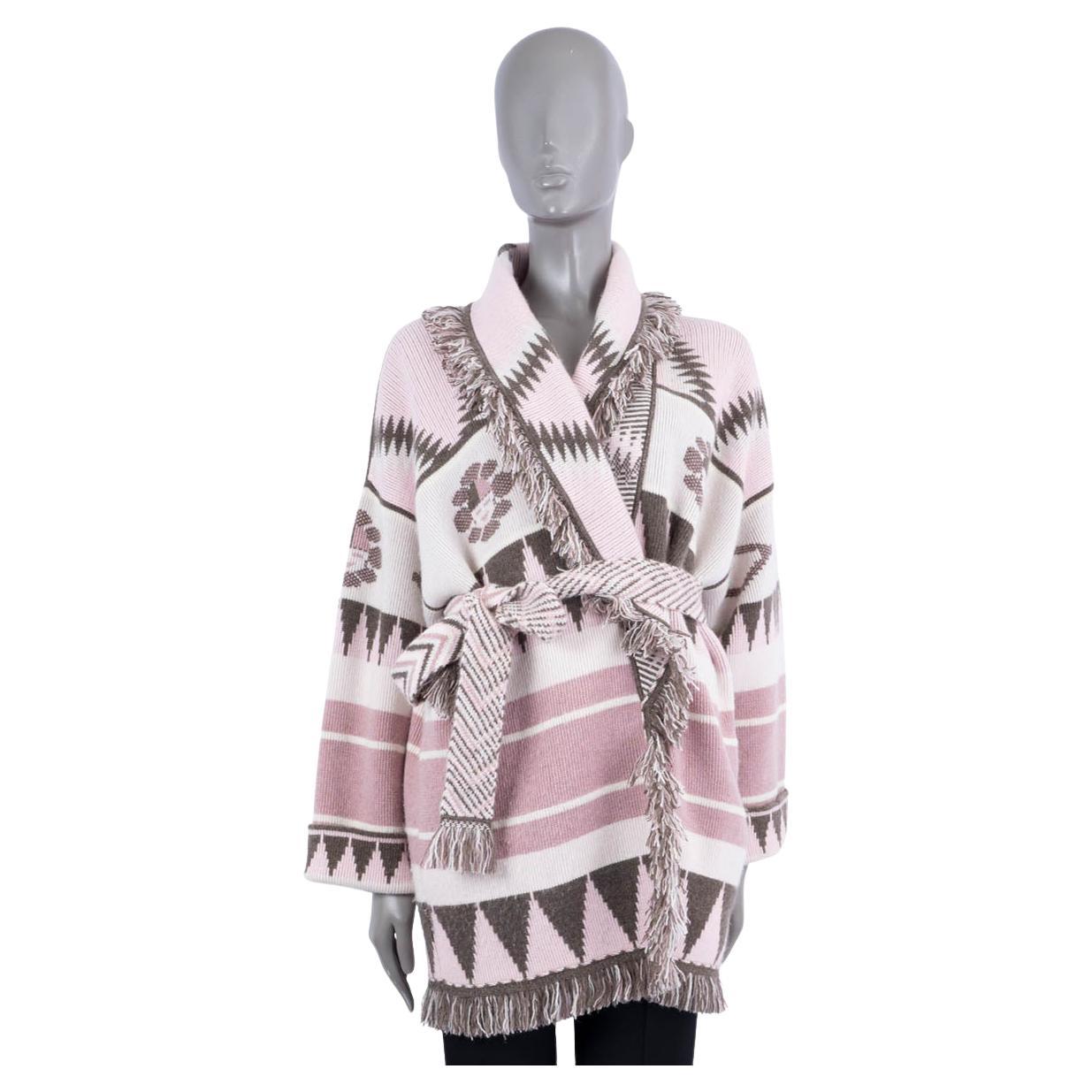 ALANUI pink cashmere ICON JACQUARD FRINGED Belted Cardigan Jacket L For Sale