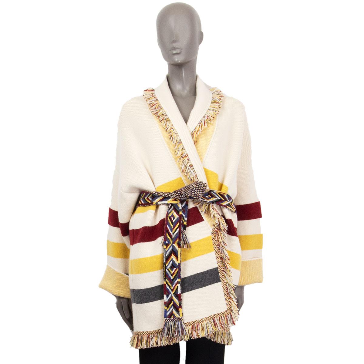 ALANUI white cashmere STRIPED JACQUARD Fringe Cardigan Sweater L