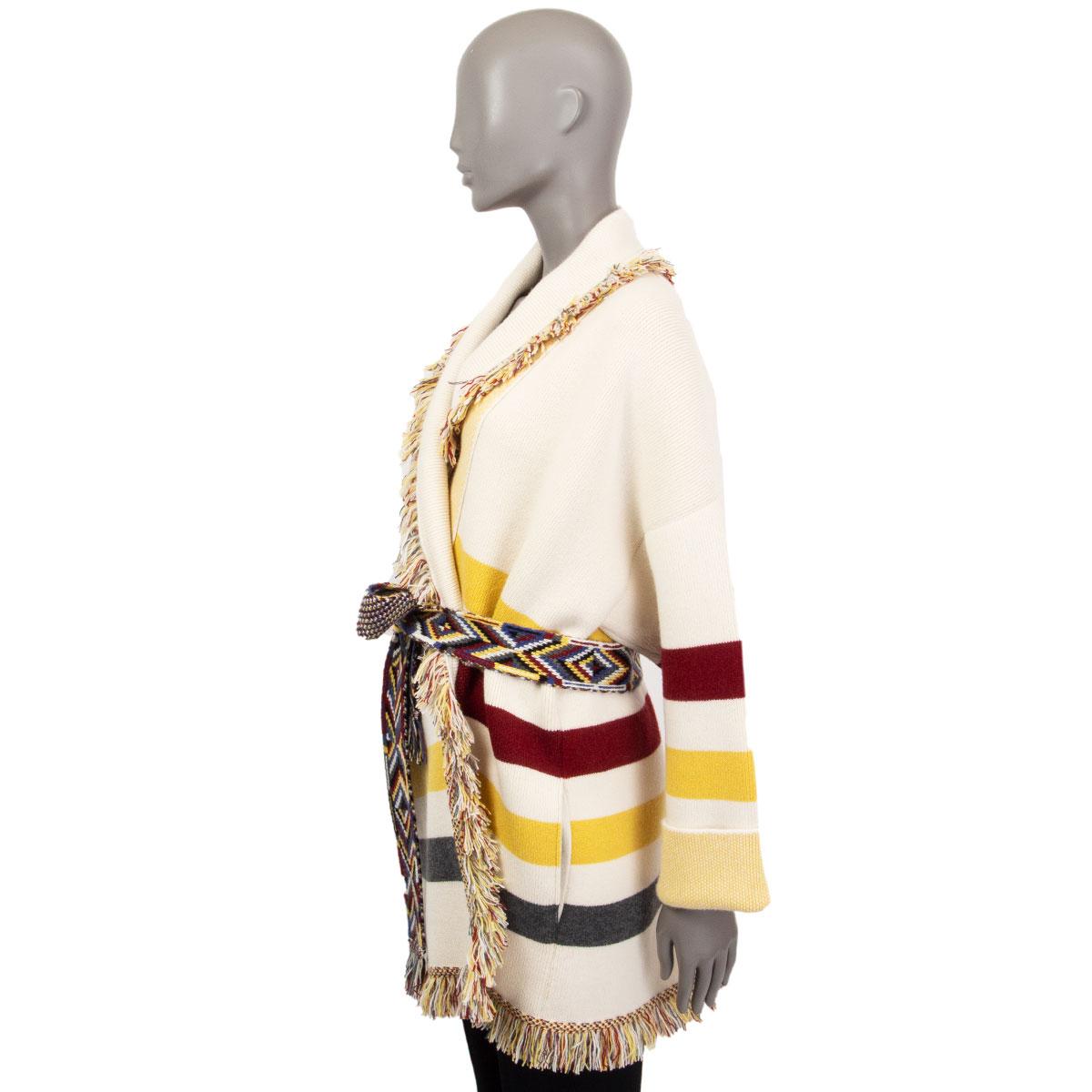 ALANUI cachemira blanca JACQUARD DE RAYAS Suéter Cardigan de flecos L Blanco