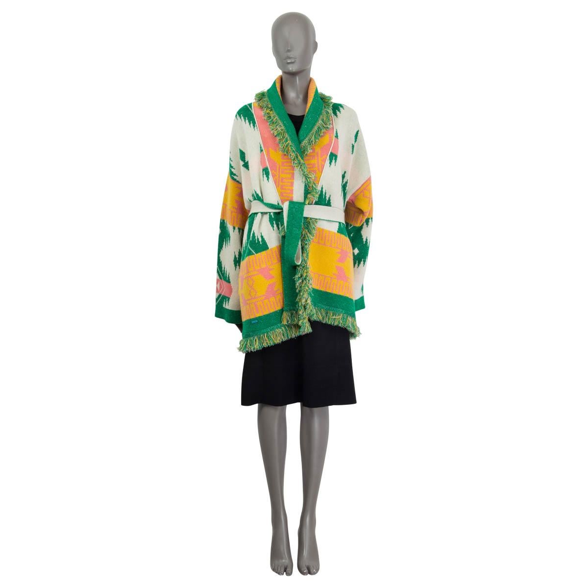 100% authentic Alanui icon jacquard cardigan in green, white, pink and orange cashmere (68%) and linen (32%). Features side slit pockets, fringed ends and a detachable self-tie belt. Brand new, with tags.

Measurements
Tag Size	L
Size	L
Shoulder