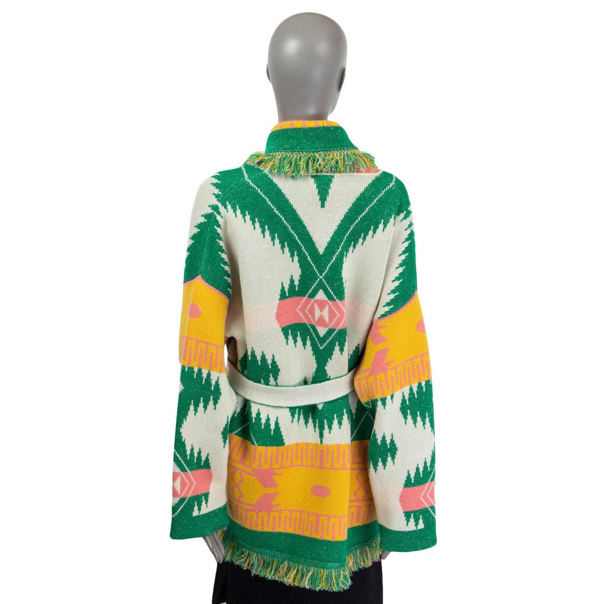 ALANUI white green orange cashmere ICON JACQUARD Belted Cardigan Knit Jacket L In New Condition For Sale In Zürich, CH
