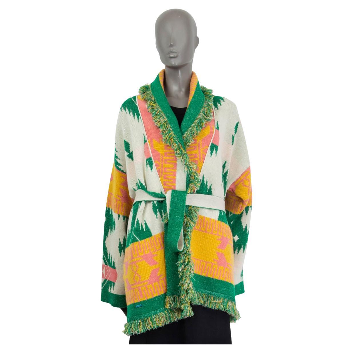 ALANUI white green orange cashmere ICON JACQUARD Belted Cardigan Knit Jacket L For Sale