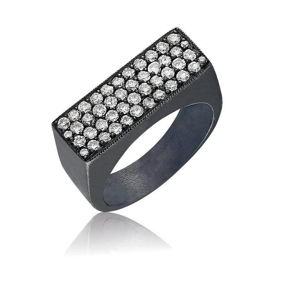 Round Cut Rectangle Signet Oxidised Siver Ring with Champagne Pave Diamond For Sale
