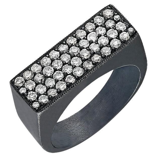 Rectangle Signet Oxidised Siver Ring with Champagne Pave Diamond