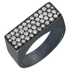 Used Rectangle Signet Oxidised Siver Ring with Champagne Pave Diamond