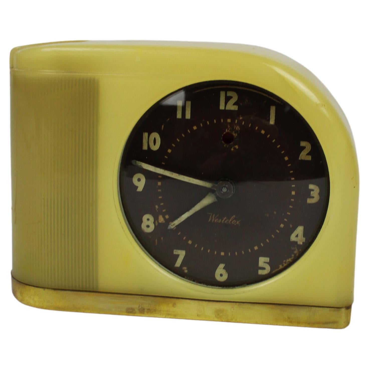 Alarm Clock MoonBeam Westclox Yellow Bakelite Vintage Art Deco 1950s For Sale