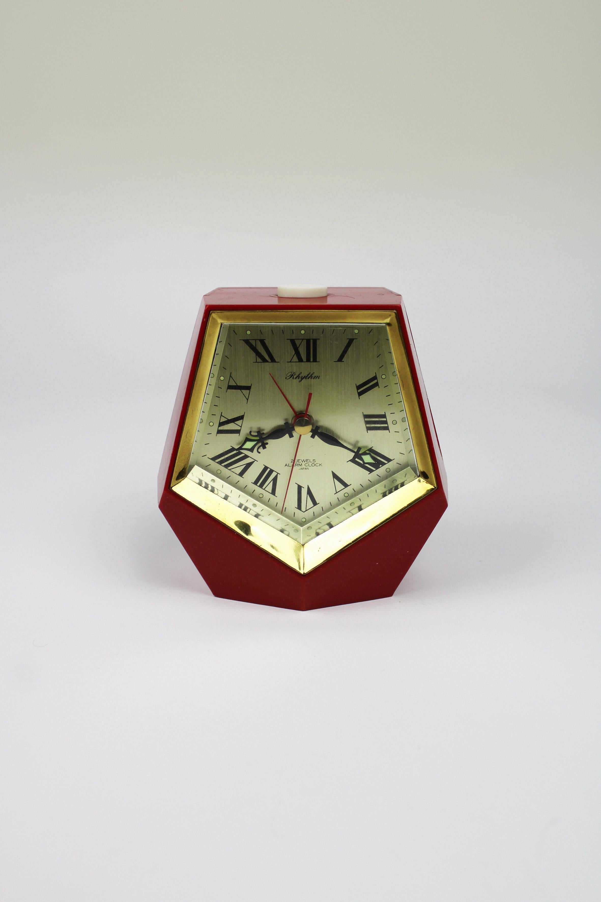 Space Age Alarm Clock Rhythm 1960s Japan Vintage Red Gold Hexadecahedron