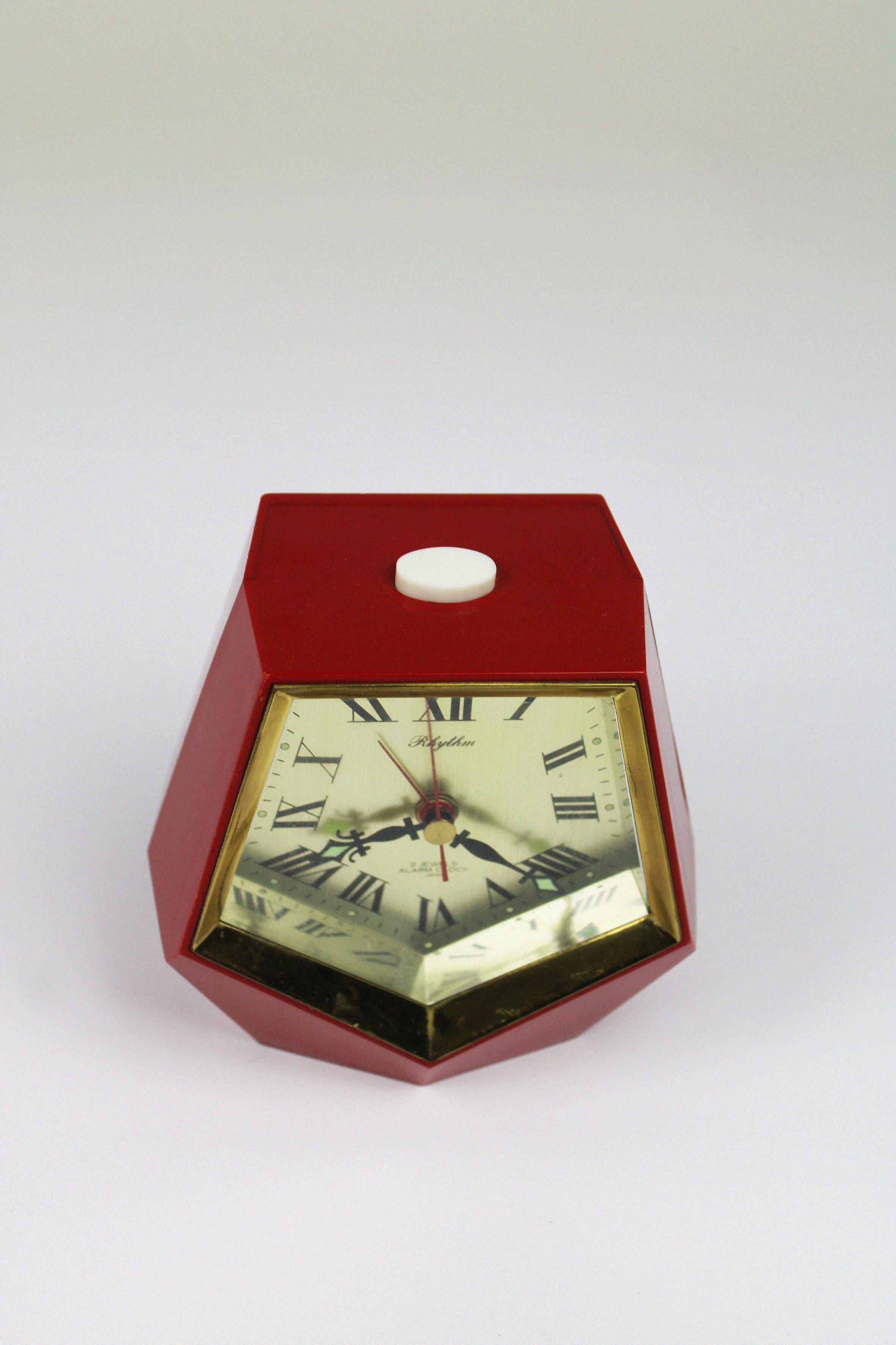Japanese Alarm Clock Rhythm 1960s Japan Vintage Red Gold Hexadecahedron