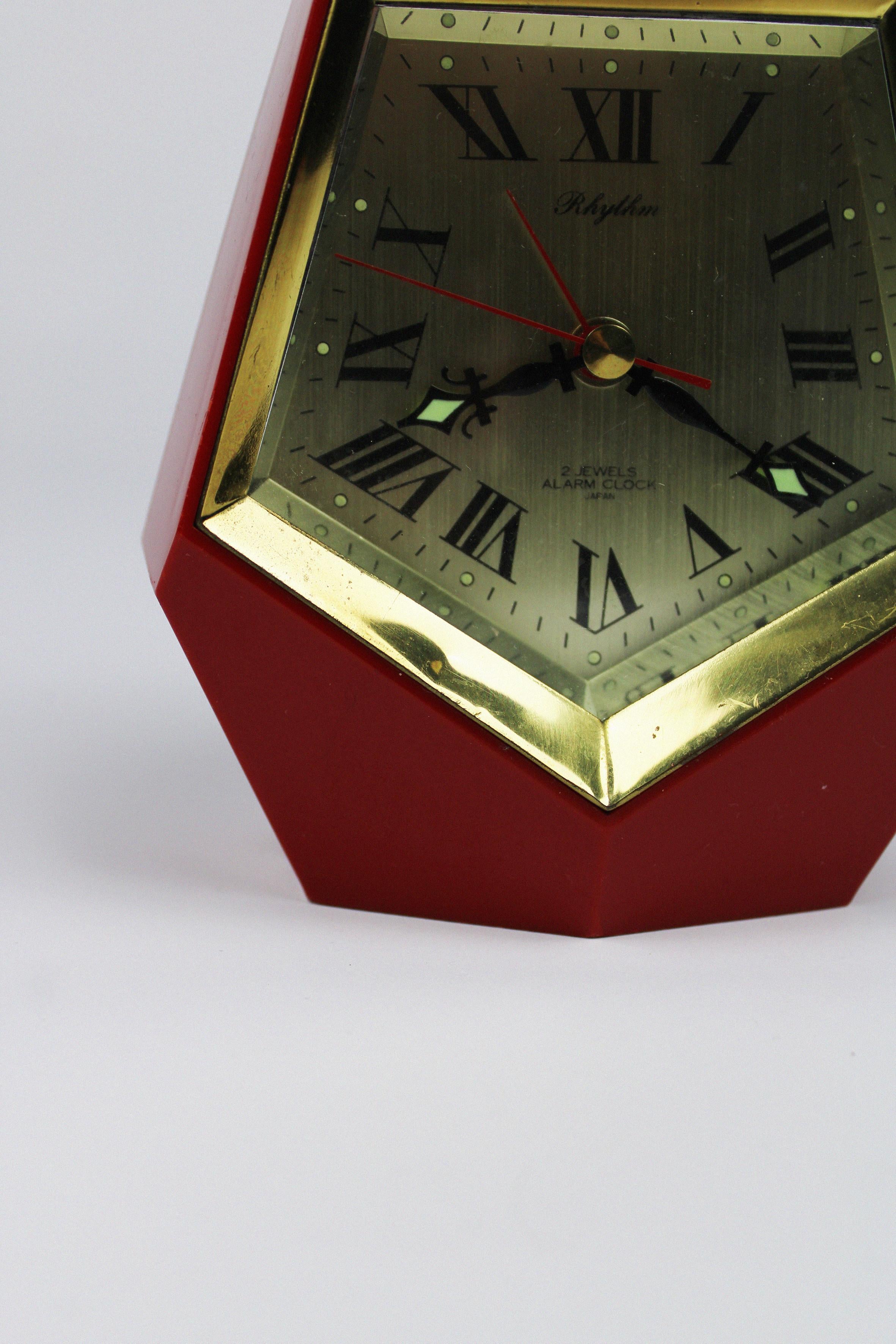 Mid-20th Century Alarm Clock Rhythm 1960s Japan Vintage Red Gold Hexadecahedron