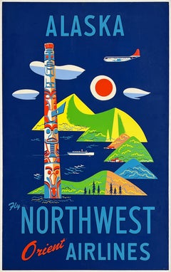 ALASKA NORTHWEST ORIENT AIRLINES – Original-Vintage-Siebdruck-Poster im MCM-Stil