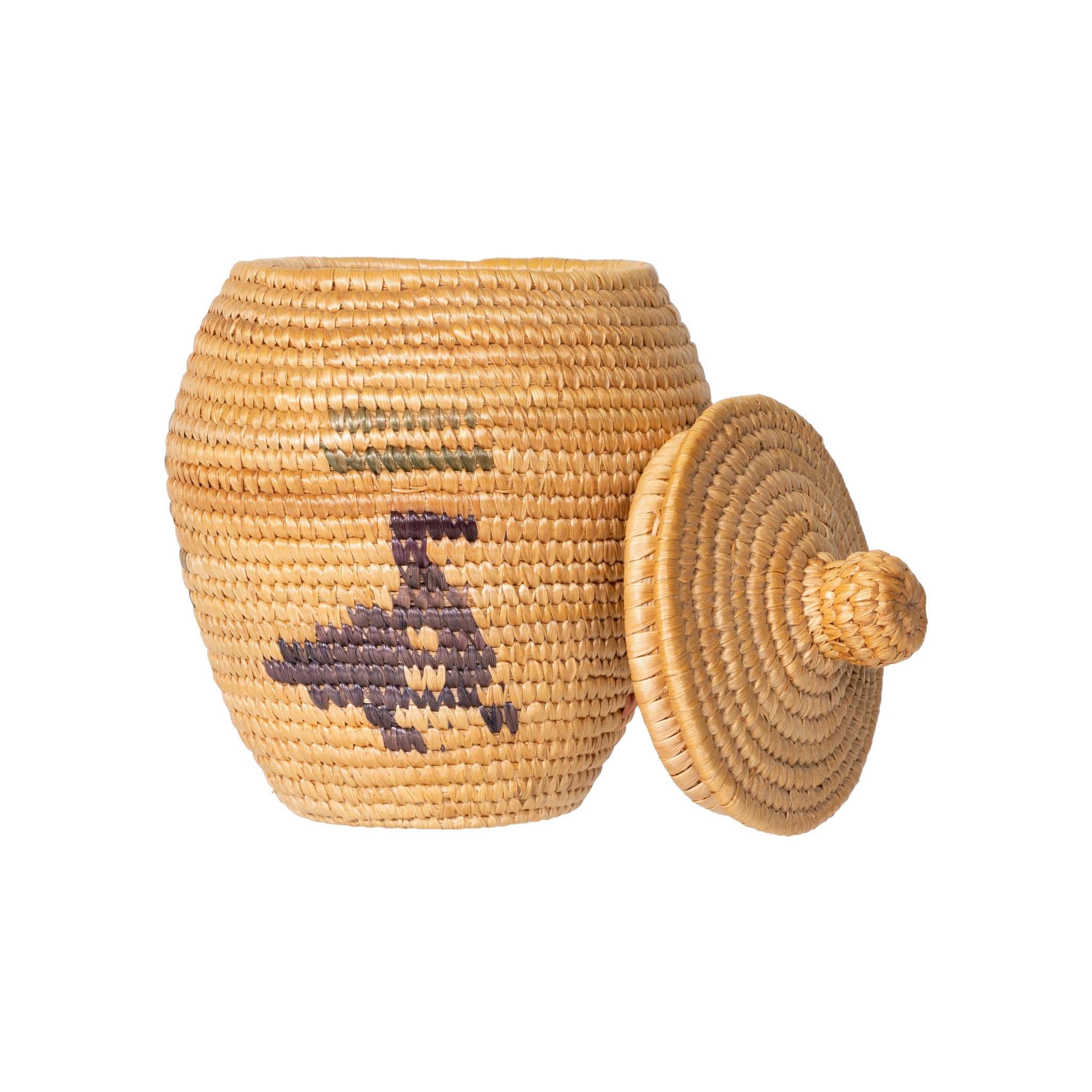 Alaskan lidded basketry polychrome jar with knob on lid. Featuring tree and bird design around body. Extremely finely woven. Beautiful piece, great for display or careful continued use. Circa 1920. Size: 3