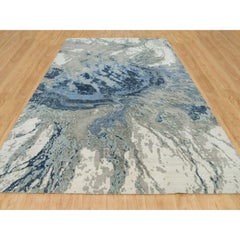 Alaskan Blue Abstract Galaxy Design Wool and Silk Hand Knotted Oriental Rug