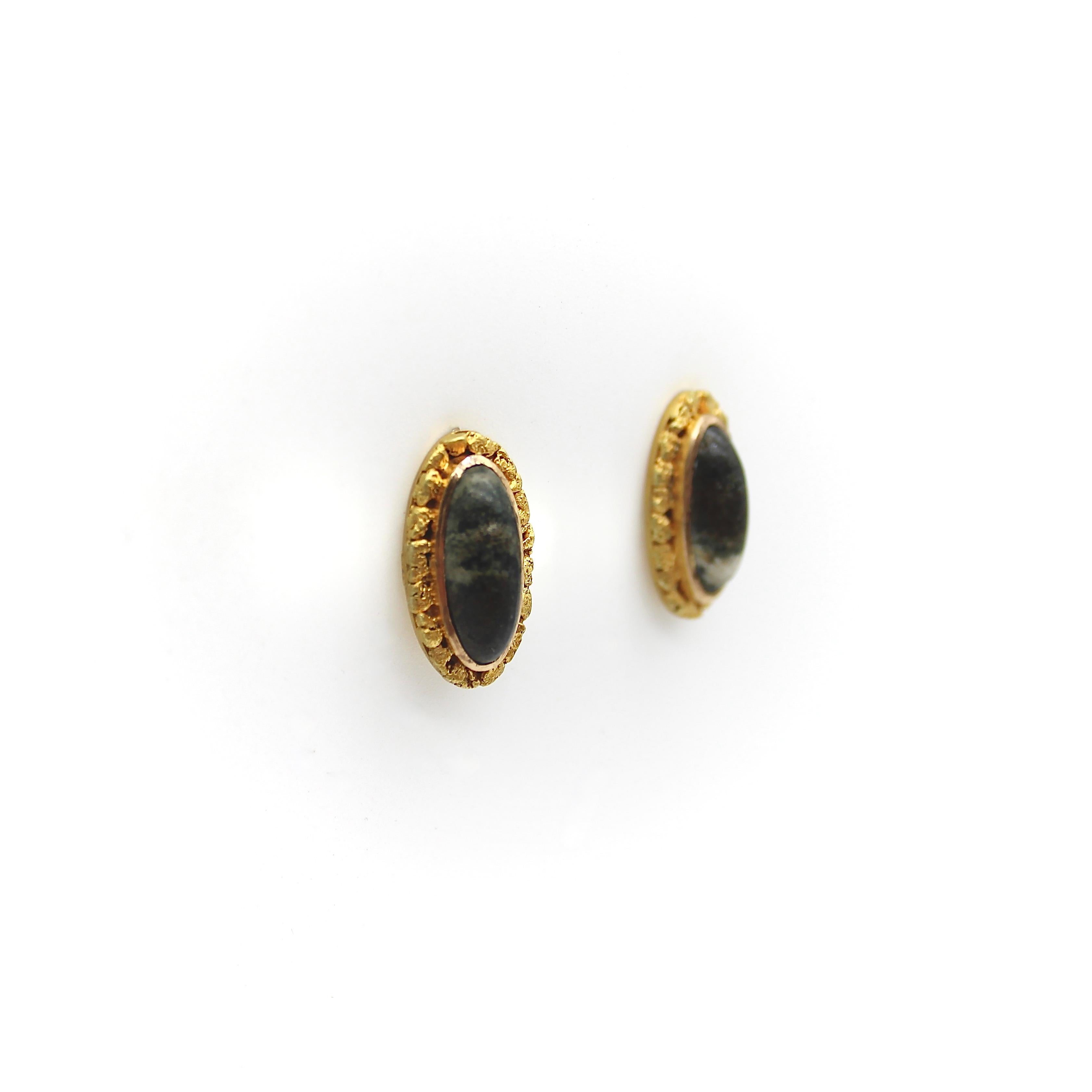 Cabochon Alaskan Gold Rush Moss Agate and Gold Nugget Earrings  For Sale