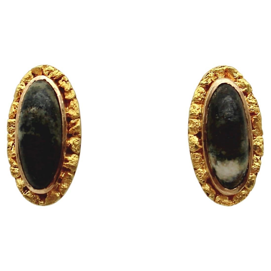 Alaskan Gold Rush Moss Agate and Gold Nugget Earrings  For Sale