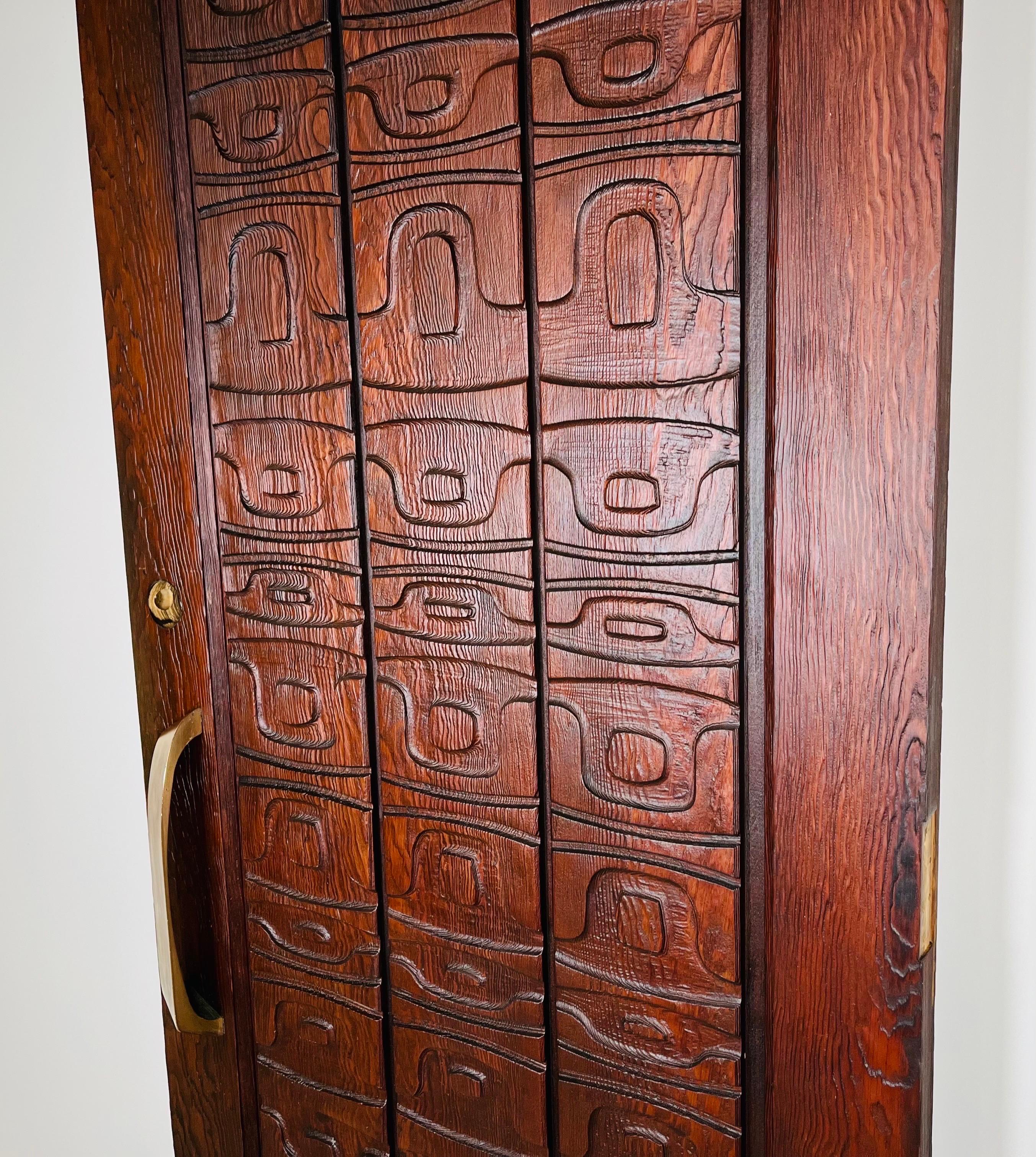 American Alaskan Studio Carved Redwood Outer Door In The Manner Of Ackerman-Panelcarve  For Sale