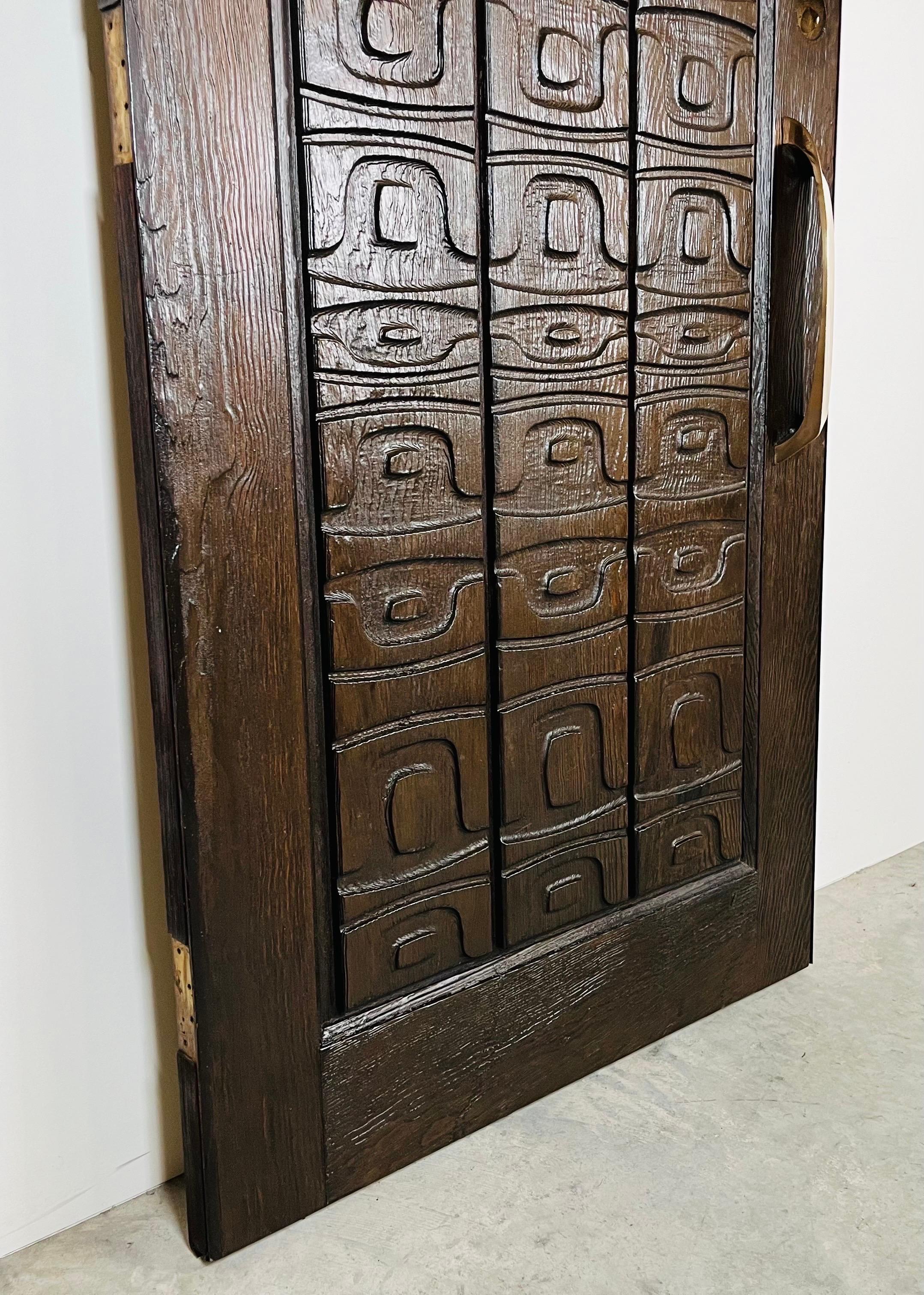 Brass Alaskan Studio Carved Redwood Outer Door In The Manner Of Ackerman-Panelcarve  For Sale