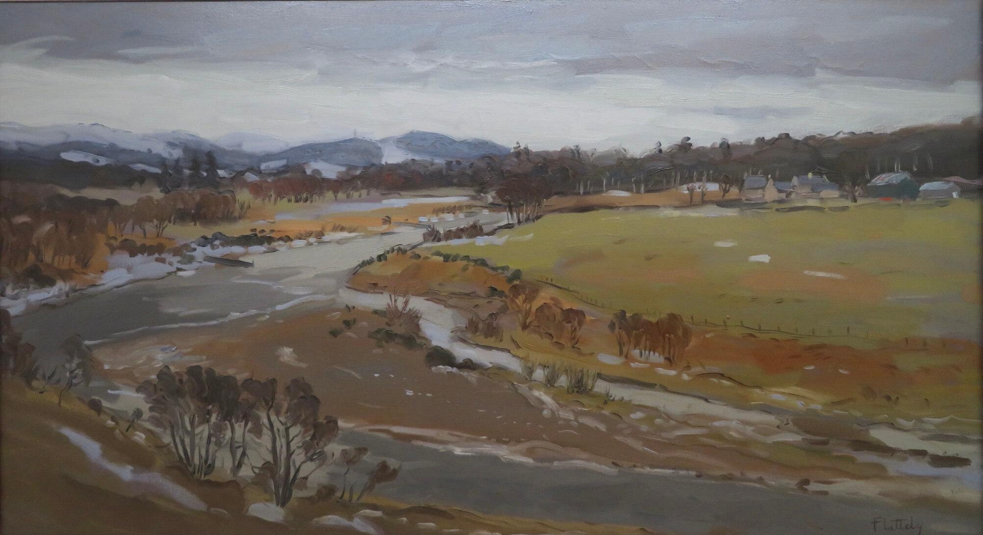 Peinture à l'huile impressionniste écossaise originale WINTER ON THE RIVER DEE PERTHSHIRE - Painting de Alastair Flattely
