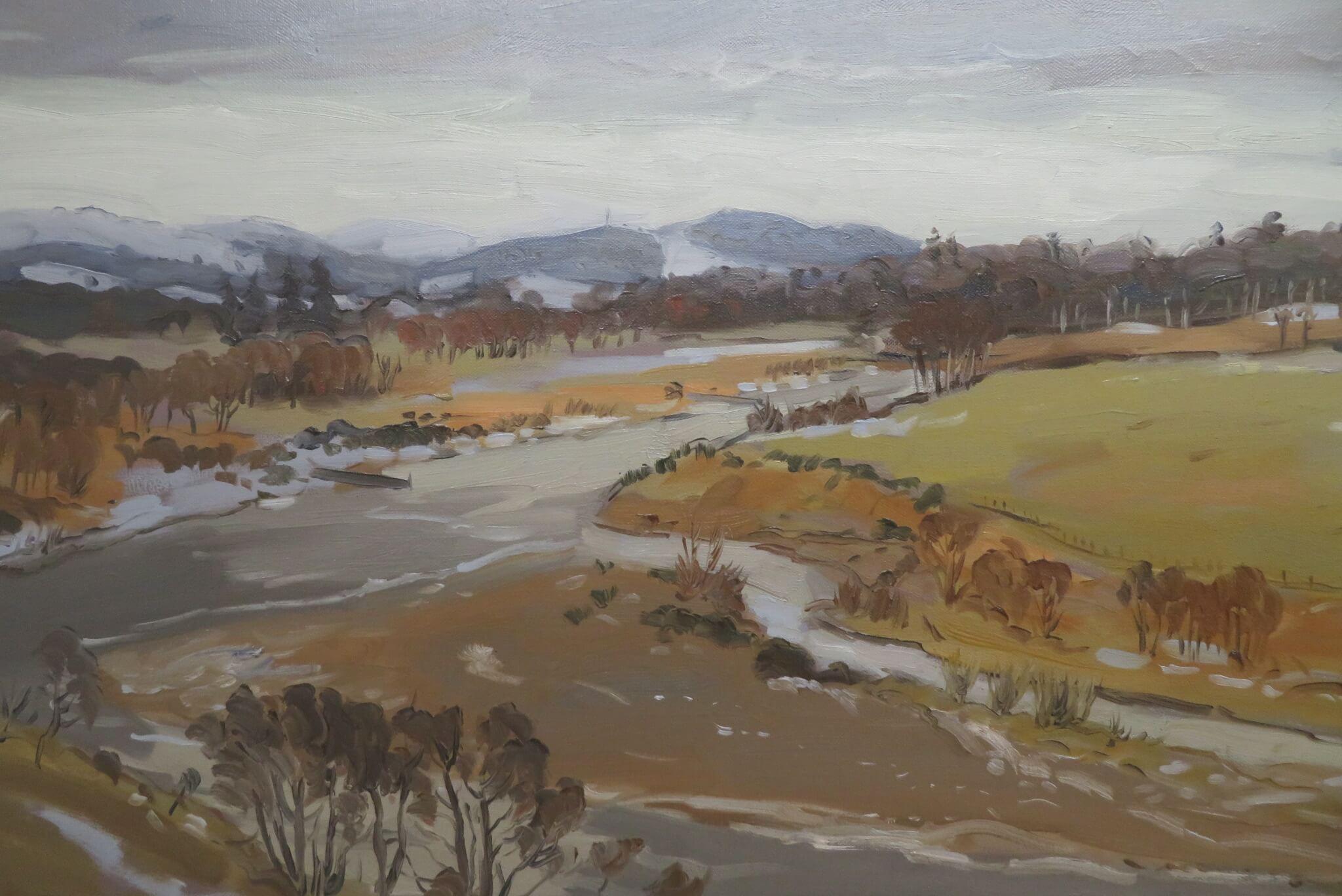 Peinture à l'huile impressionniste écossaise originale WINTER ON THE RIVER DEE PERTHSHIRE - Post-impressionnisme Painting par Alastair Flattely