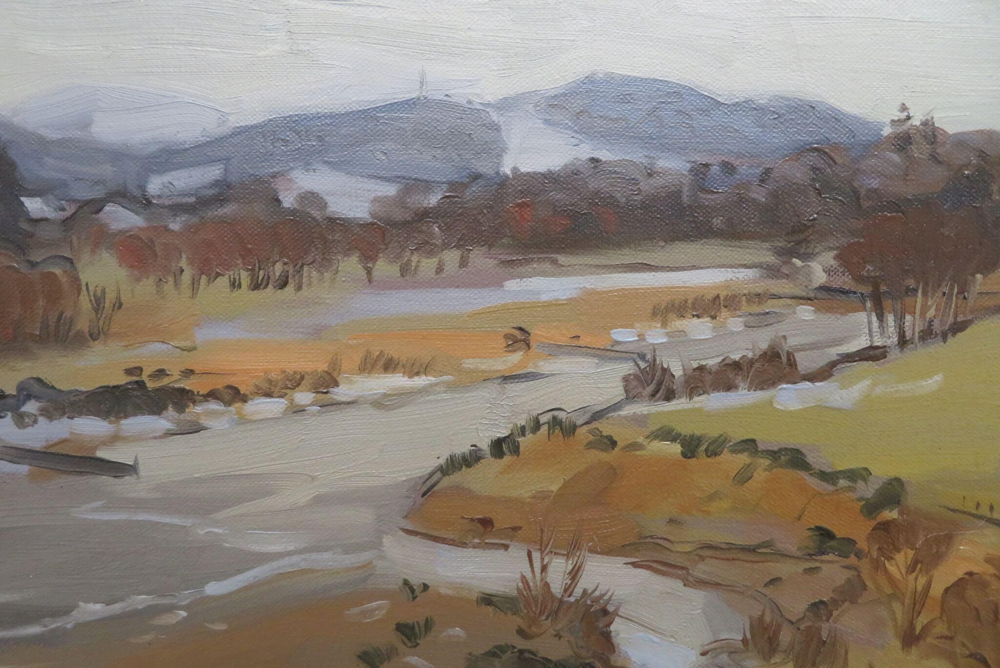 Peinture à l'huile impressionniste écossaise originale WINTER ON THE RIVER DEE PERTHSHIRE - Marron Landscape Painting par Alastair Flattely