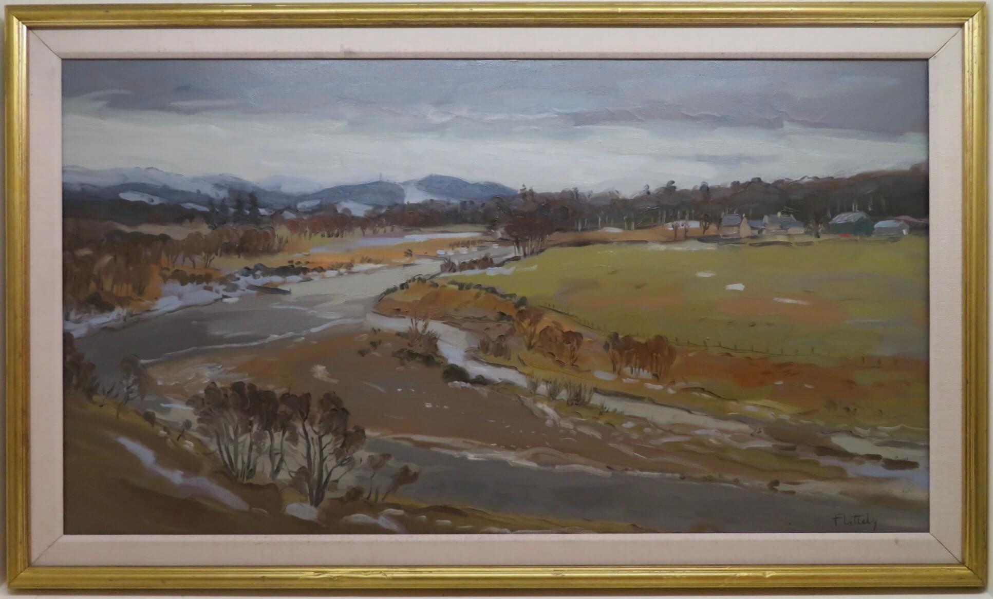 Landscape Painting Alastair Flattely - Peinture à l'huile impressionniste écossaise originale WINTER ON THE RIVER DEE PERTHSHIRE
