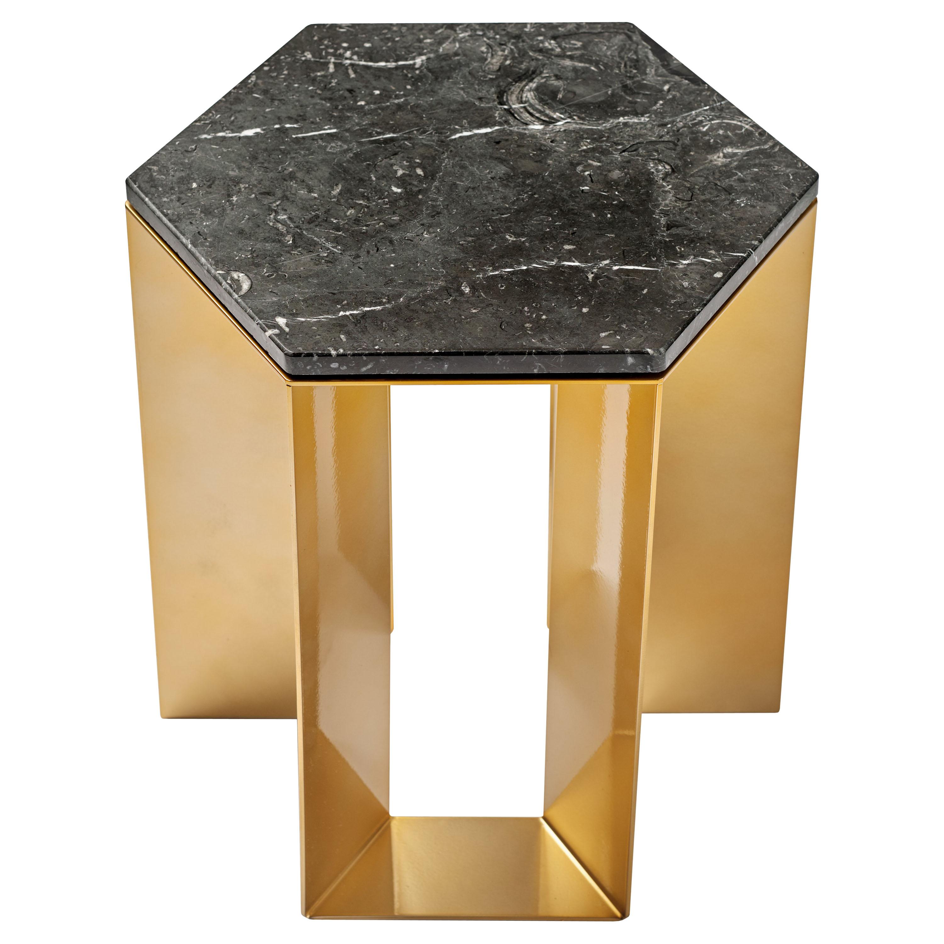 "ALATO" Modern Metal Side table with Shiny gold Chrome and Black Marble top For Sale
