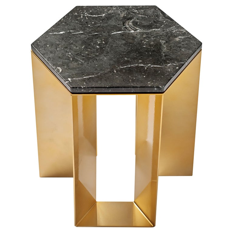 "ALATO" Modern Metal Side table with Shiny gold Chrome and Black Marble