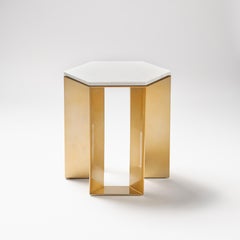 "Alato" Modern Metal Side Table with Shiny Gold Chrome and White Marble Top