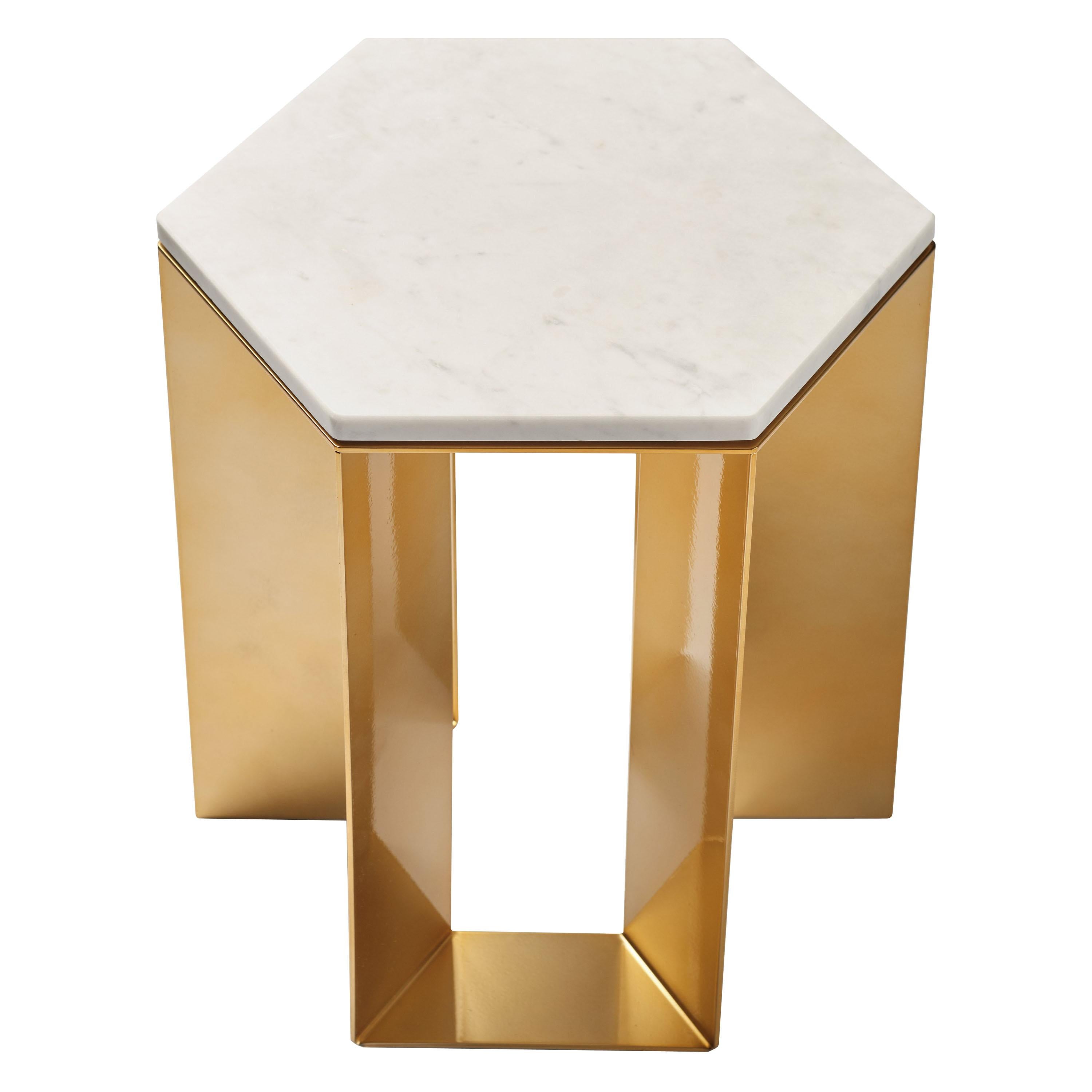 "Alato" Modern Metal Side Table with Shiny Gold Chrome and White Marble Top For Sale