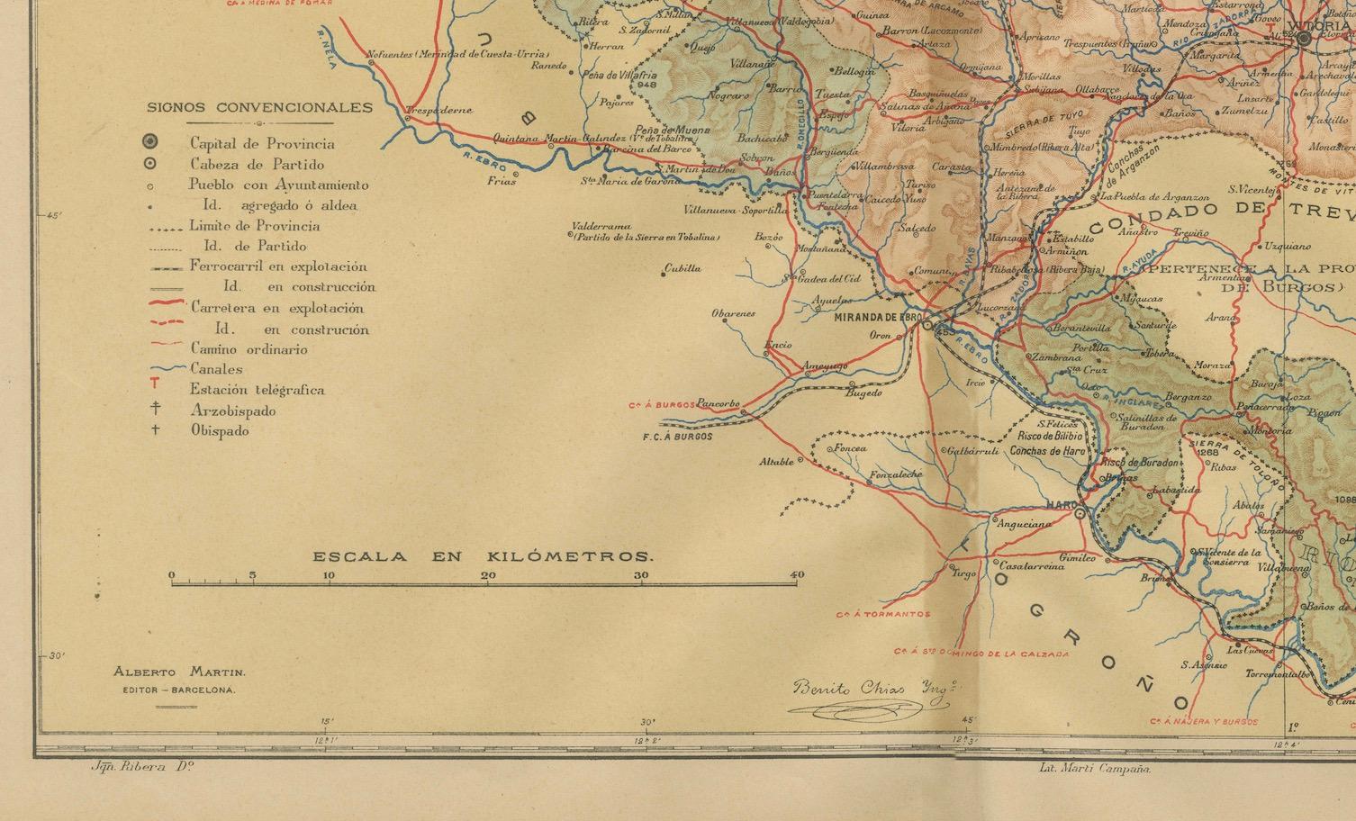Bei dieser originalen antiken Karte handelt es sich um eine historische Darstellung der Provinz Álava (baskisch: Araba), die eine der Provinzen des Baskenlandes in Nordspanien ist, wie der Text 