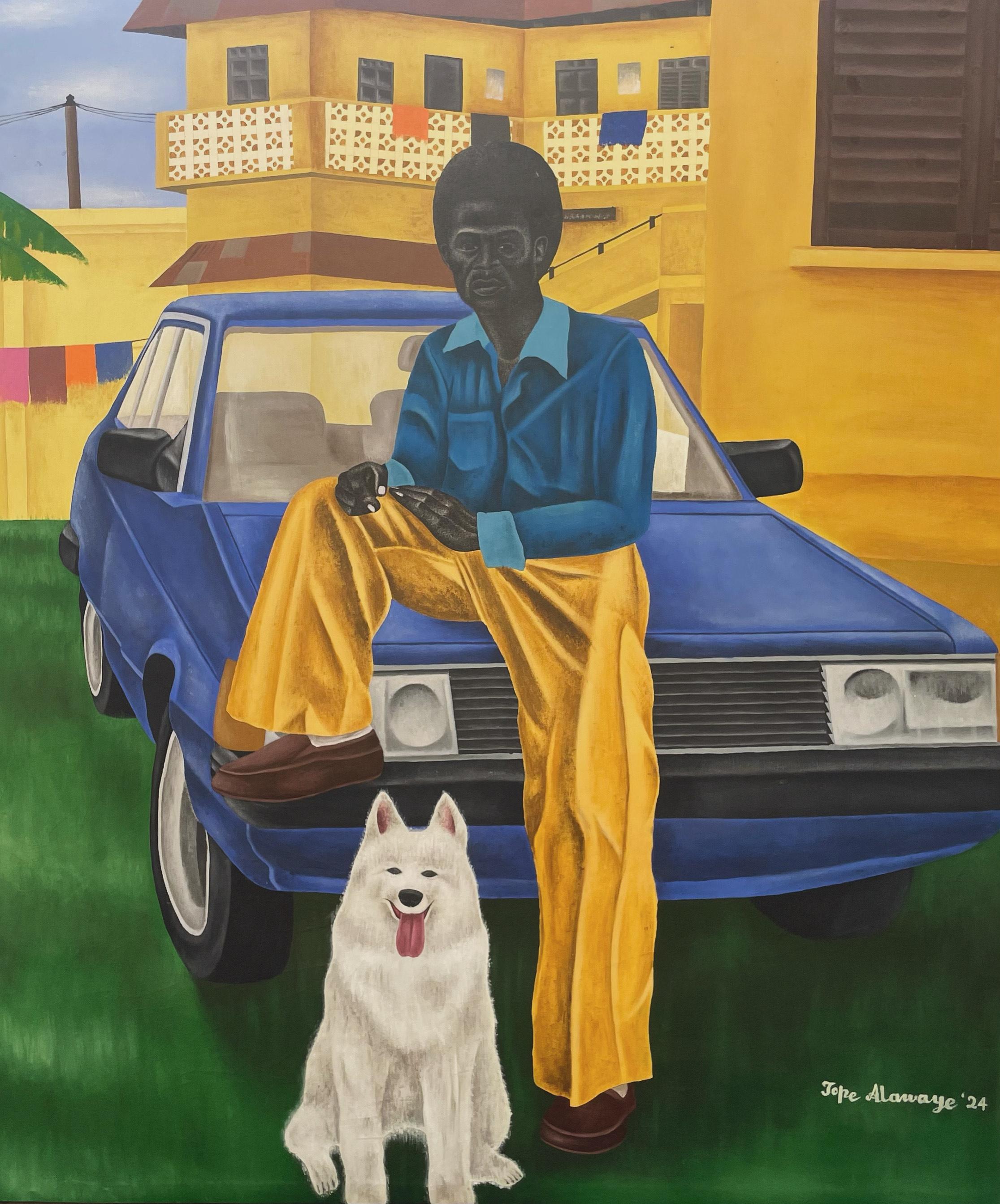 Caballero -Siglo XXI, Contemporáneo, Retrato Figurativo, Hombre, Coche, Perro Moderno - Mixed Media Art de Alawaye Tope
