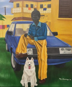 Caballero -Siglo XXI, Contemporáneo, Retrato Figurativo, Hombre, Coche, Perro Moderno